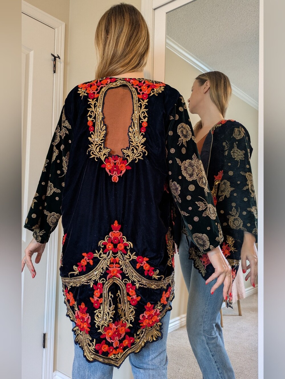 Vintage Bohemiam Embroidered Velvet Floral Jacket / Tunic